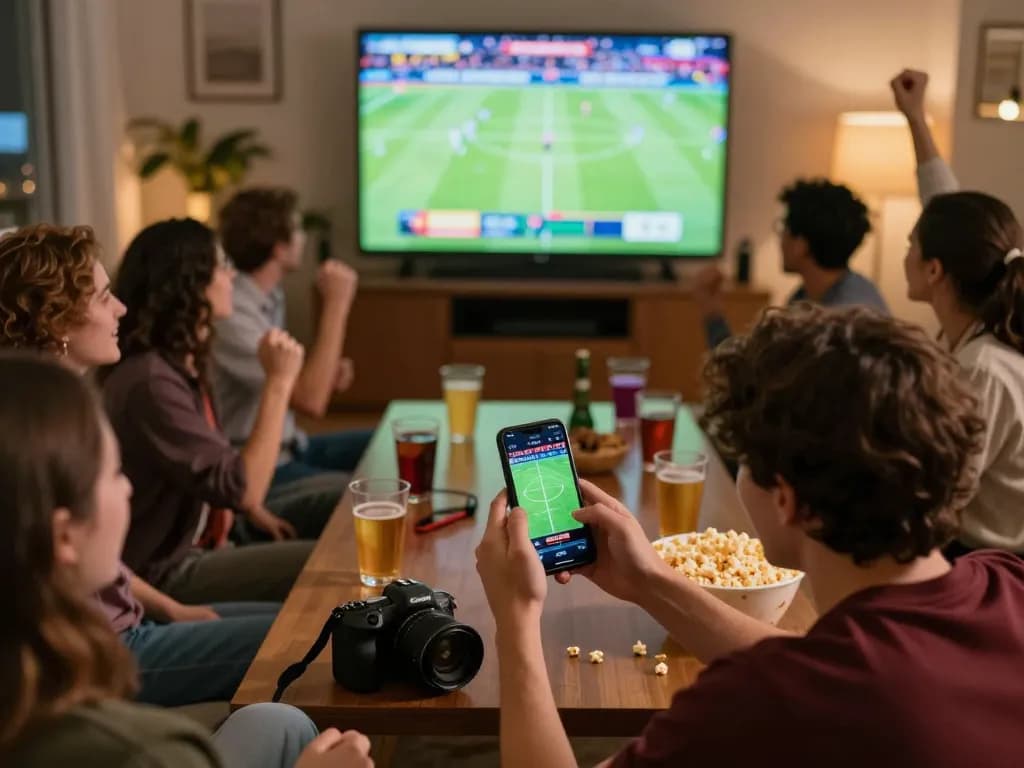 Person engaging in sports betting on mk8th app while enjoying a live game with friends