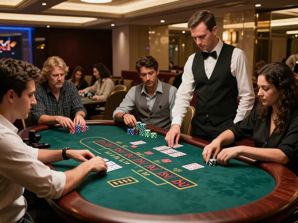 Blackjack players immersed in strategy at MM88's luxurious gaming table, showcasing the thrill of winning.