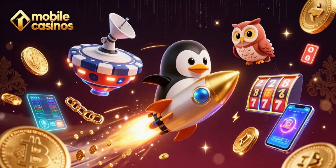 Engaging animation of mobile casinos featuring a penguin and crypto elements in space
