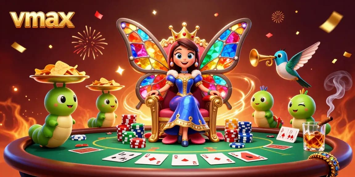 Engage with vmax gaming as the butterfly queen leads a vibrant casino experience full of excitement and chips.