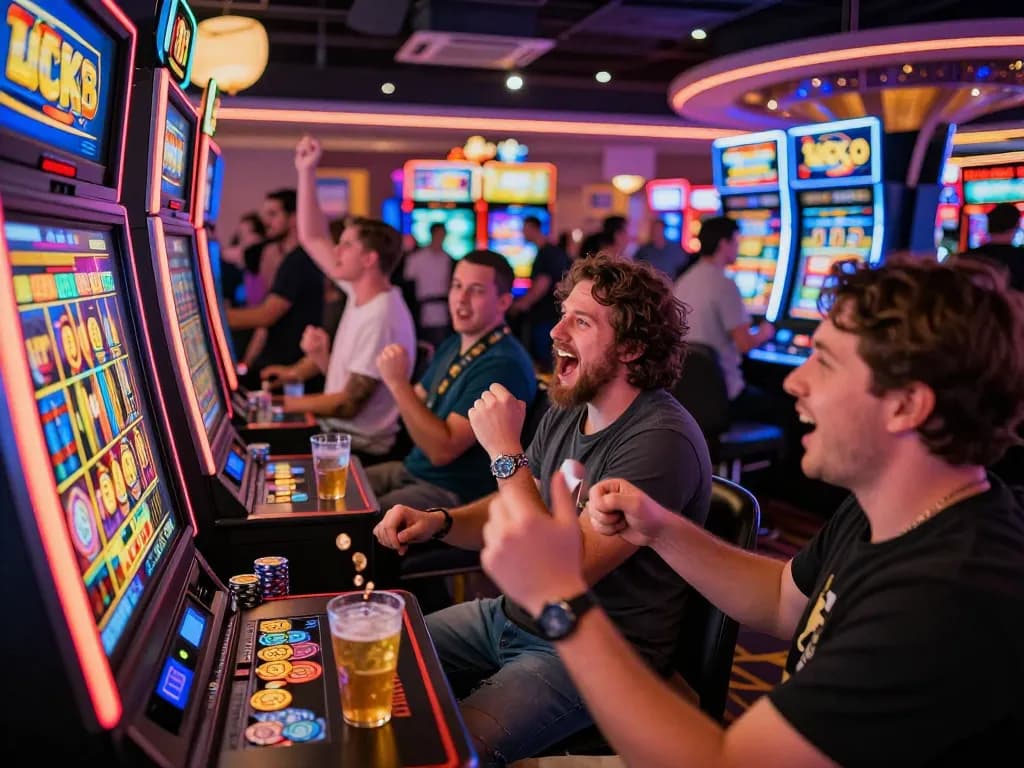Players enjoying the Lucky 88 slot machine experience in an energetic casino atmosphere.