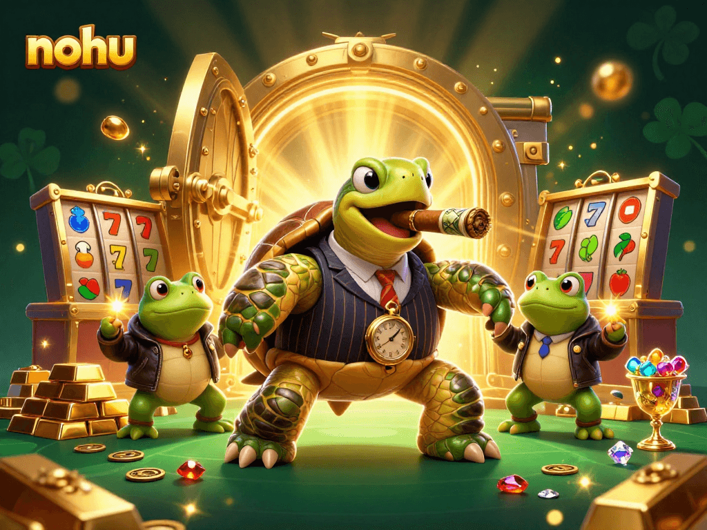 Engage in nohu's thrilling casino scene with a snapping turtle mobster amidst sparkling treasures.
