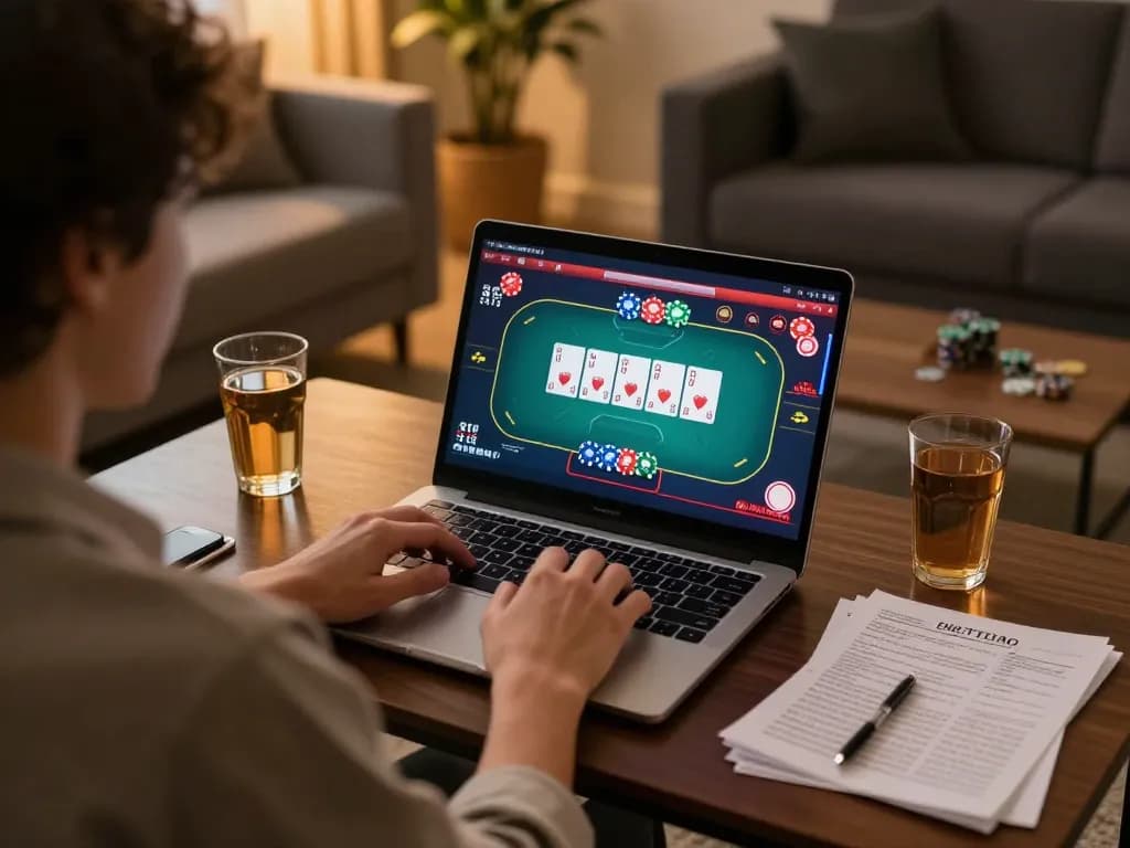 Person engaging in online casino gaming with alo8net poker interface on a laptop in a cozy living room setting.