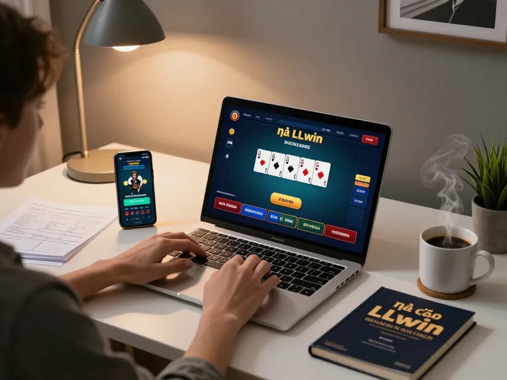 Engaged player at nhà cái LLwin online casino on laptop showing poker strategy