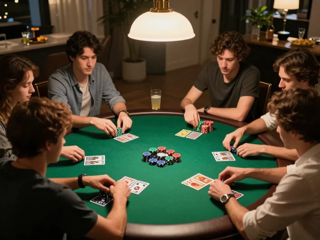 Các người chơi đang tận hưởng một trò chơi poker thân thiện tại nhà, thể hiện các chiến lược LUCK8 và sự cạnh tranh hấp dẫn.