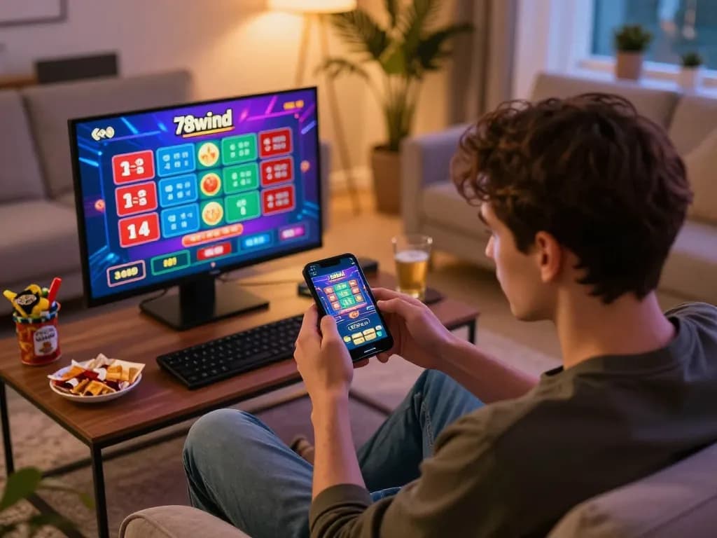 Player engaging with the 78wind app on smartphone during an exciting online gaming session at home.