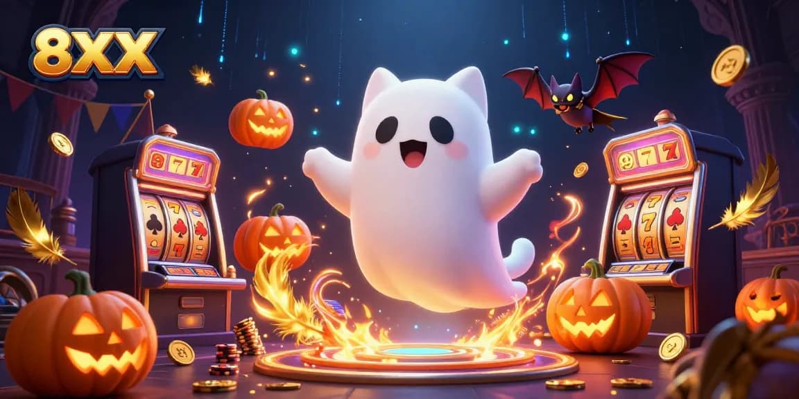 Experience the excitement of 8XX with thrilling slot reels and jackpot scenes surrounded by dynamic ghostly characters.