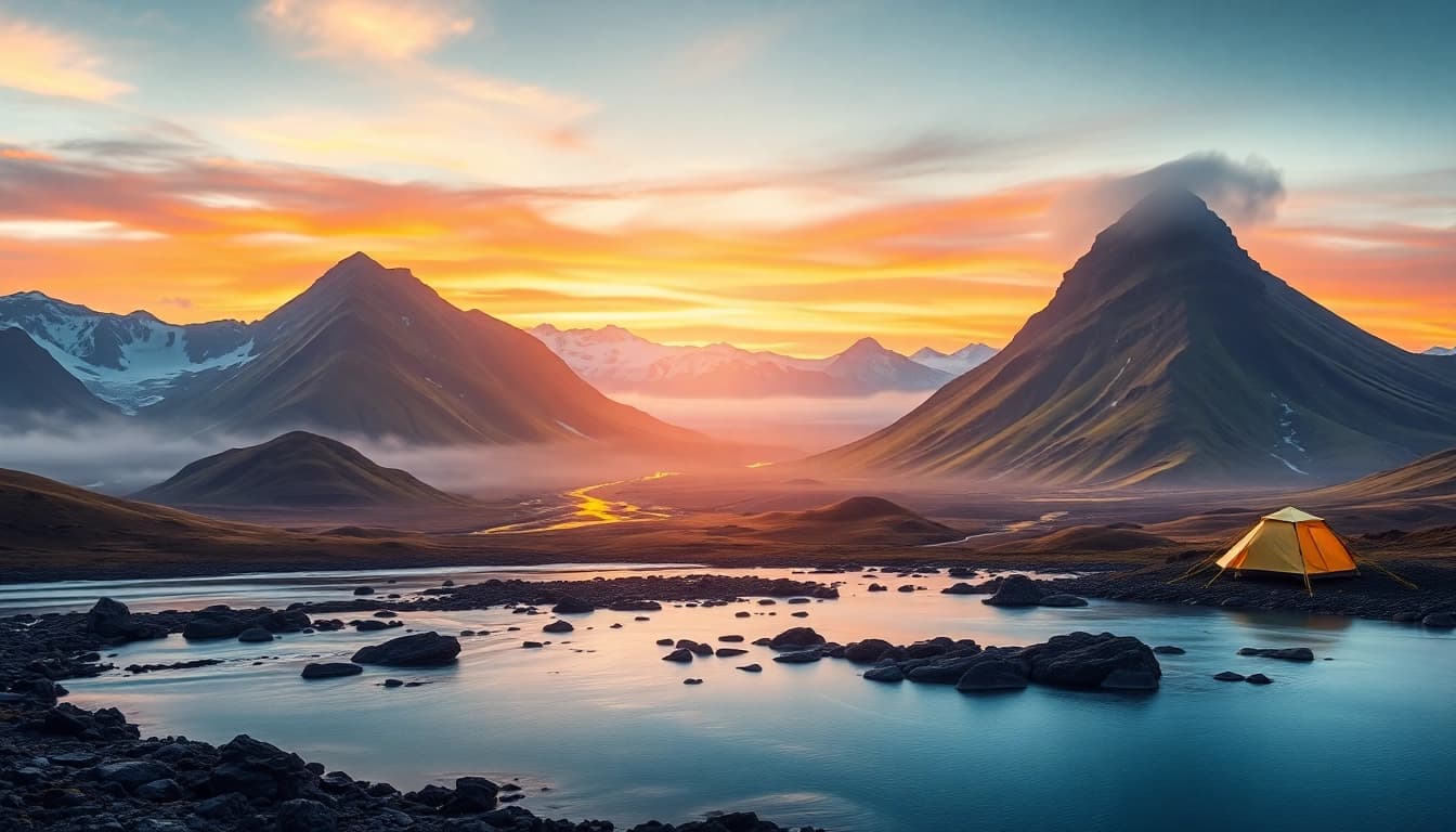 Entdecke die faszinierende Reise nach Island mit dramatischen Vulkanen und beruhigenden Wasserfällen in einem malerischen Sonnenuntergang.