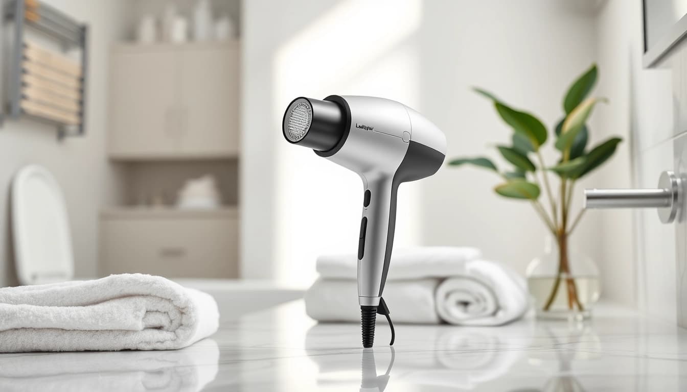 Laifen föhn in einem eleganten Badezimmer mit Handtuch und Pflanze