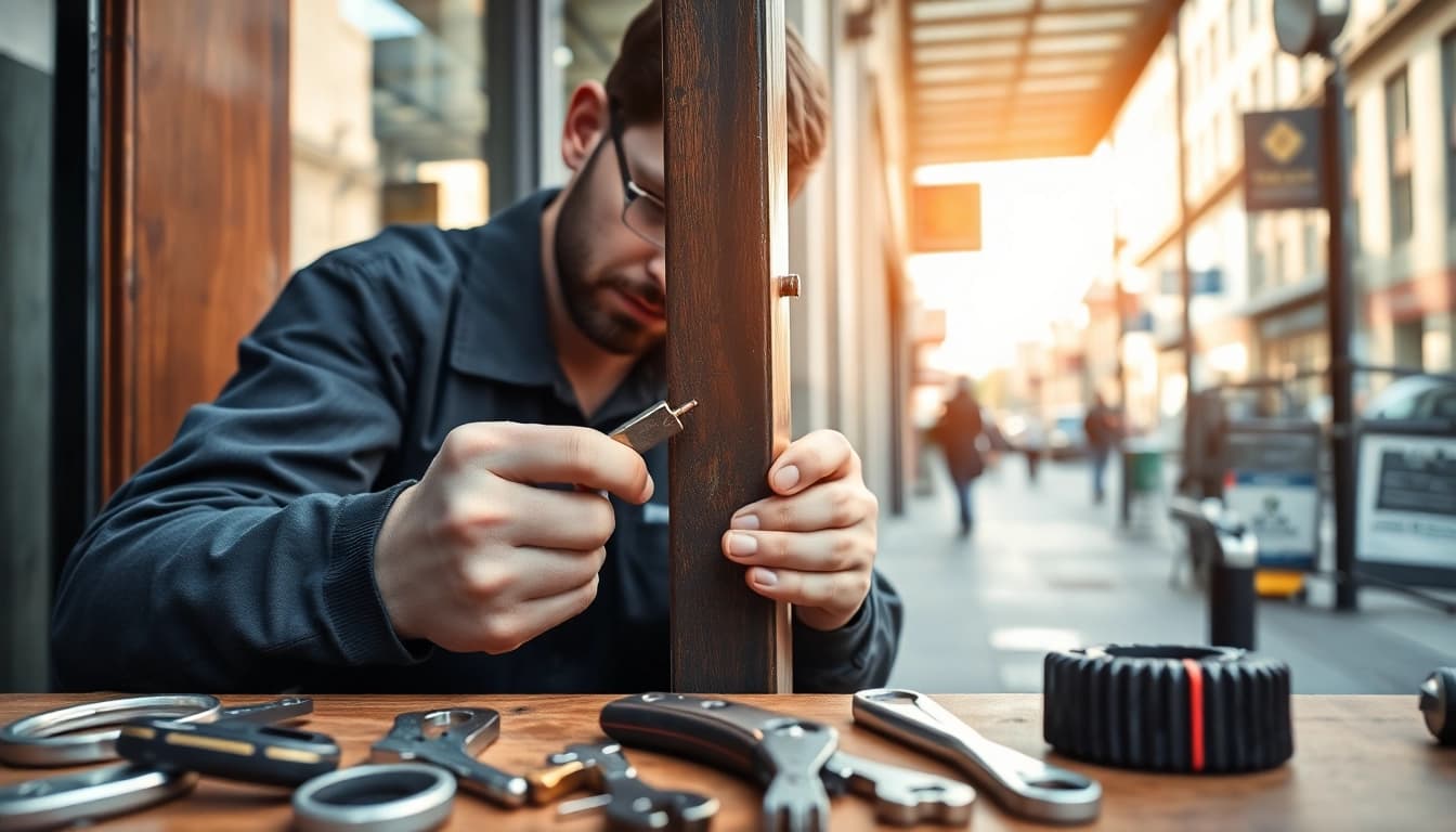 Professioneller Türöffnung Berlin Service, ein Schlosser arbeitet an einem Türschloss mit hilfreichen Werkzeugen.