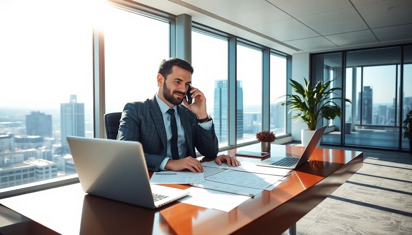 Headhunter während eines Telefonats in modernem Büro mit Lebensläufen.