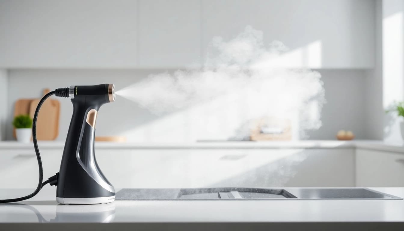 Dampfreiniger in action, effectively cleaning surfaces with powerful steam for a chemical-free clean.