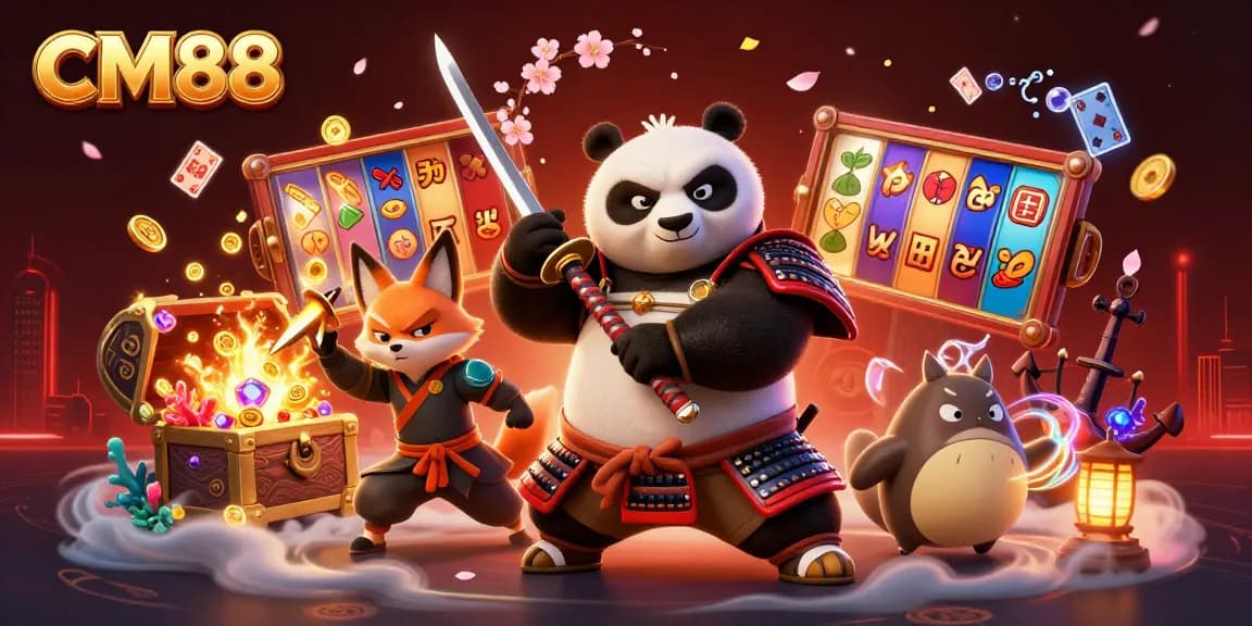 CM88 features dynamic characters engaging with vibrant slot reels and falling coins, celebrating casino excitement.