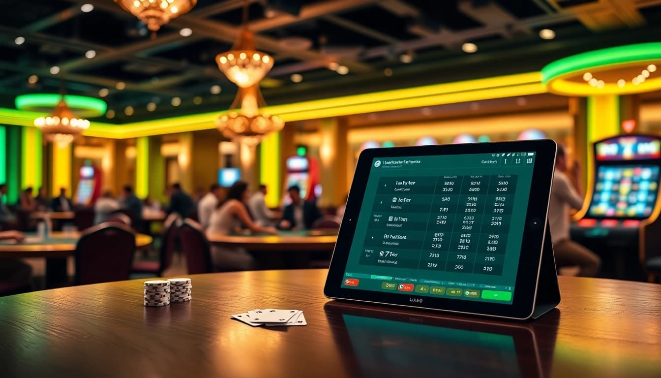 Exciting gambling scene at Luck8 casino featuring poker chips and roulette tables.