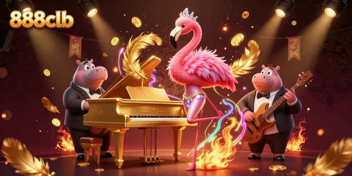 Experience the vibrant gaming world of 888clb with a lively casino scene featuring a flamboyant flamingo singer and a hippo bassist.