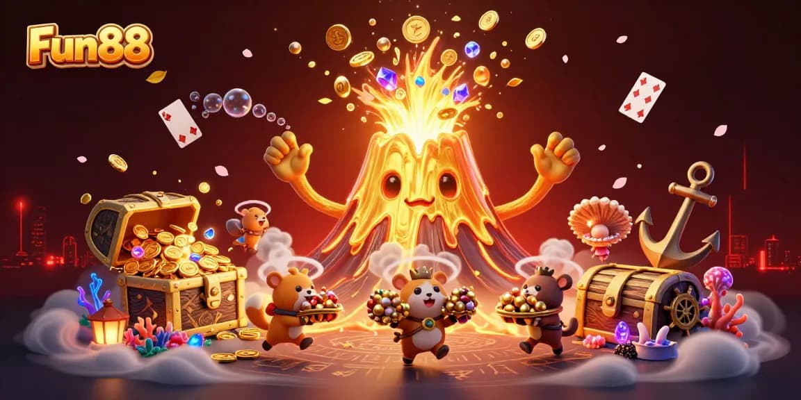 Engage with Fun88 gaming excitement as the golden volcano erupts treasures in a vibrant 3D spectacle.