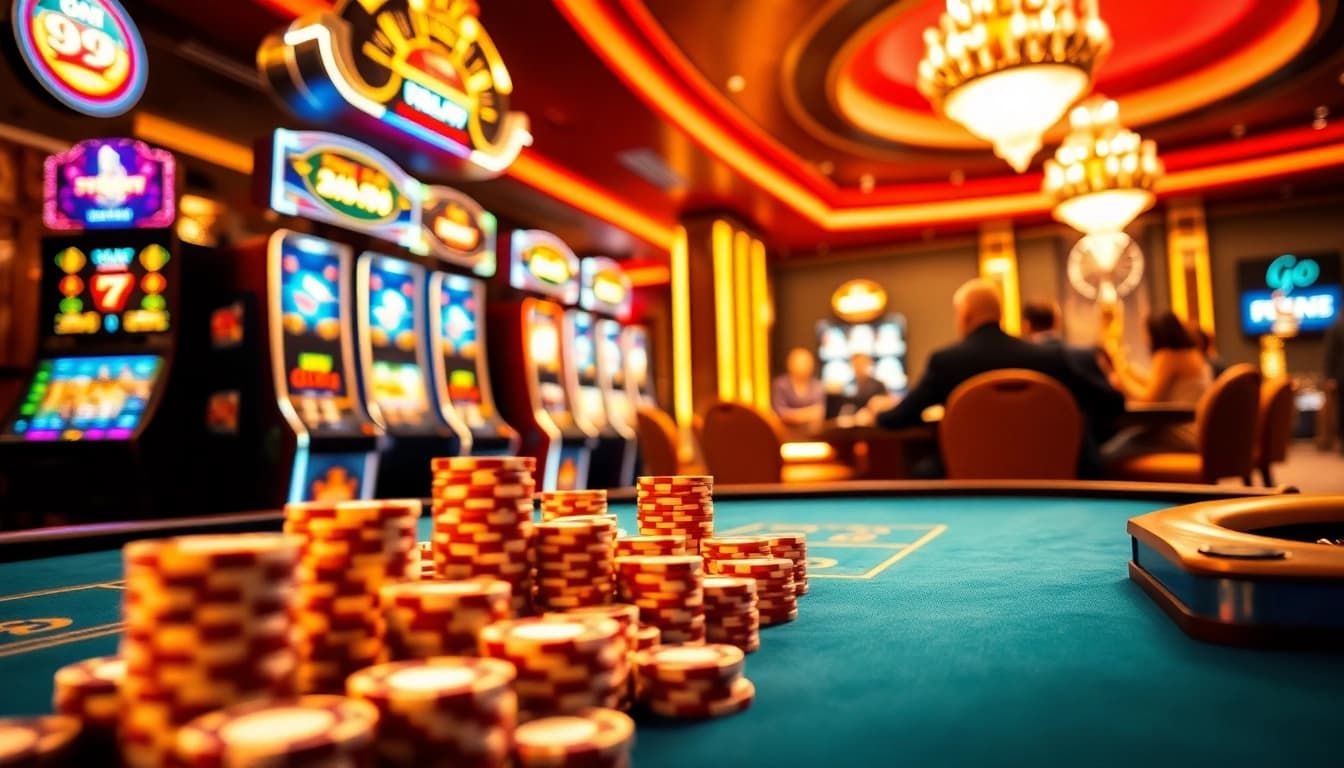 Exciting Go99 online gaming experience featuring poker chips, slot machines, and a dynamic casino atmosphere.