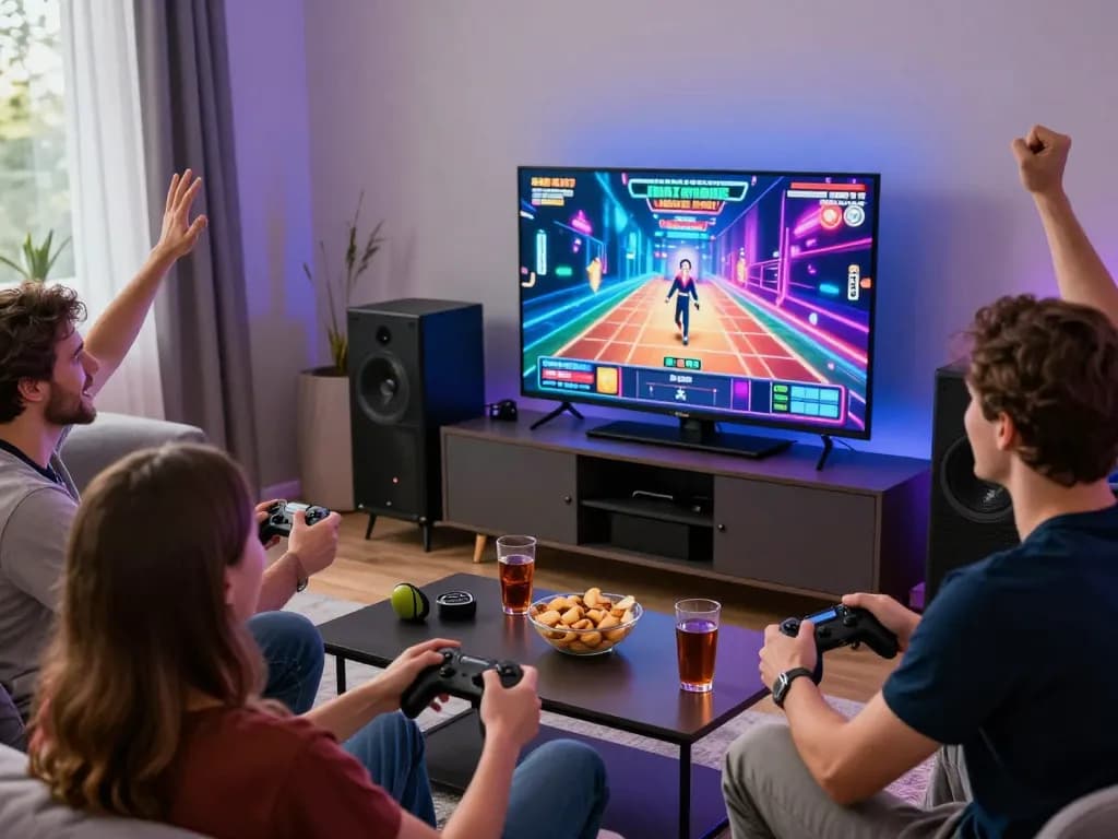 Freunde genießen eine Spielesitzung mit suomalaiset pikakasinot auf einem großen Bildschirm in einem bunten Wohnzimmer.