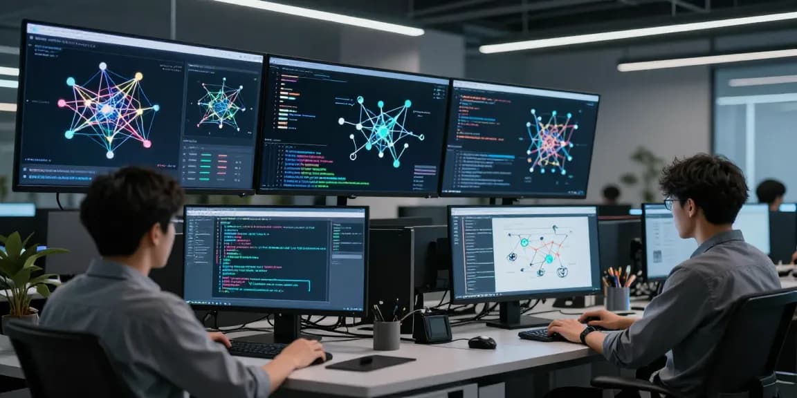 Energetischer Schmuck für Entwickler in einer modernen Arbeitsumgebung mit Technologien für Softwareentwicklung und KI.