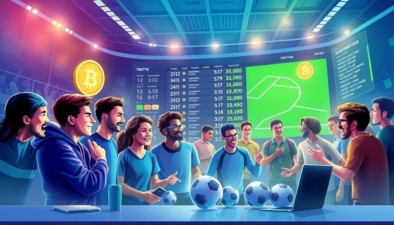 Engage in sports betting with crypto, depicting an interactive sportsbook with enthusiastic bettors and crypto icons.