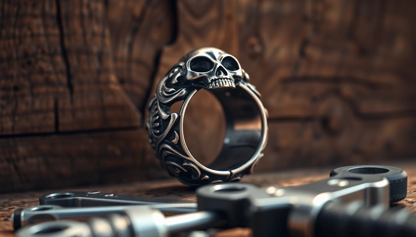 Bikerring auf einem rustikalen Holzuntergrund mit eingängigen Details und einem einzigartigen Design.