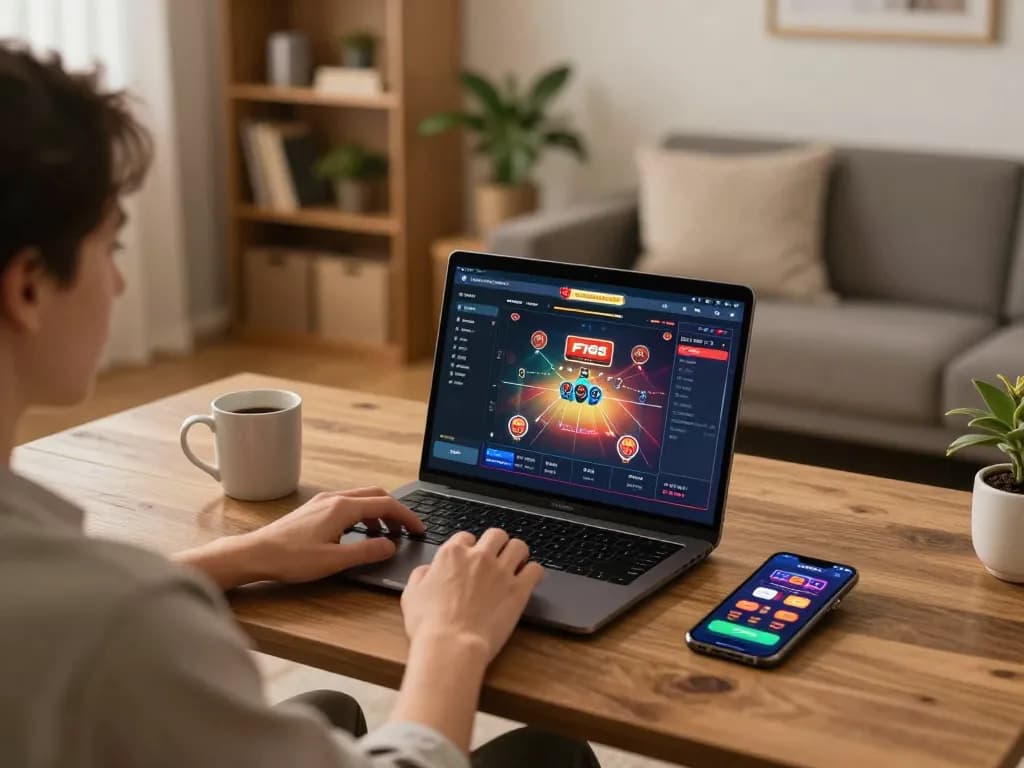 Engaging in online betting at F168 using a laptop, with a cozy home atmosphere