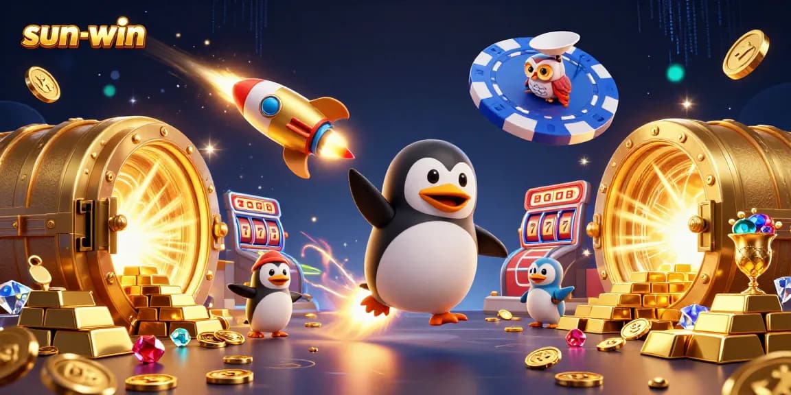 Experience the thrill of sun-win as the rocket-powered golden penguin jets toward a vibrant casino space!
