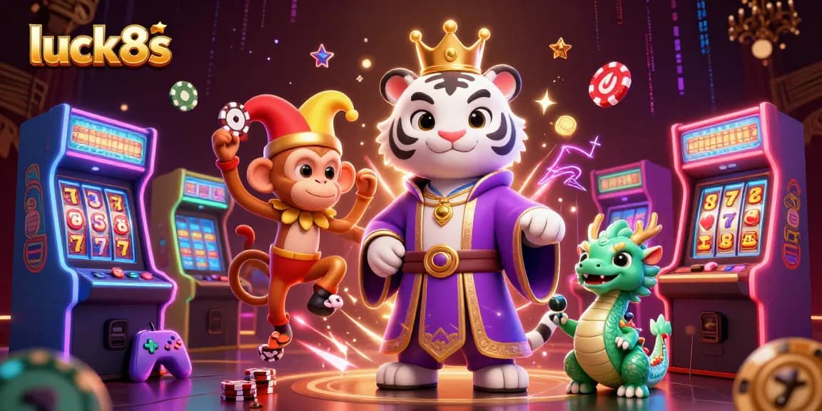 Engage in thrilling gameplay at luck8s featuring a regal tiger, monkey, and jade dragon amidst vibrant casino elements.