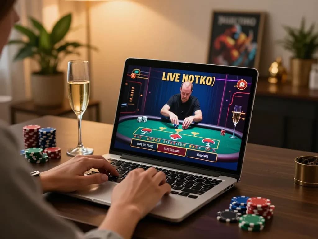 Player engaging in fun79 live casino games on a laptop in a stylish setup.