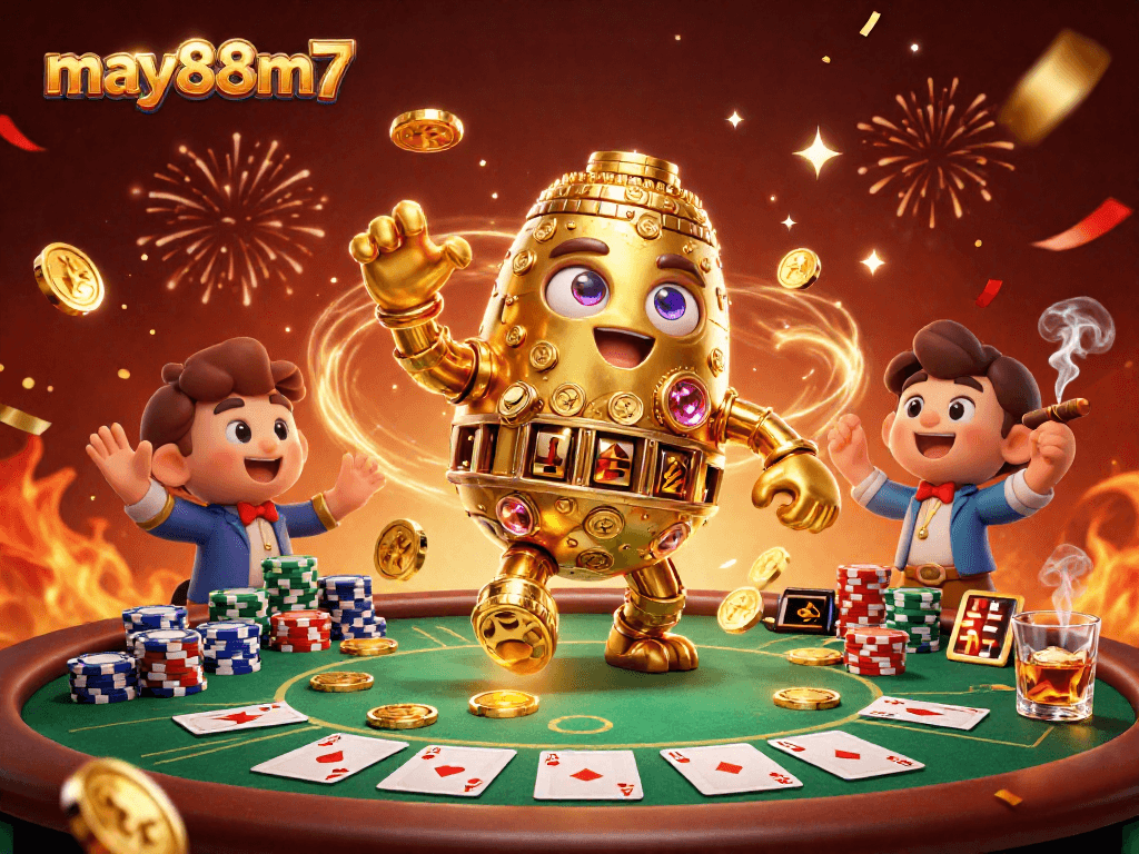 Engage with exciting gameplay at may88m7, featuring a dynamic casino scene with vibrant poker elements and a golden golem.