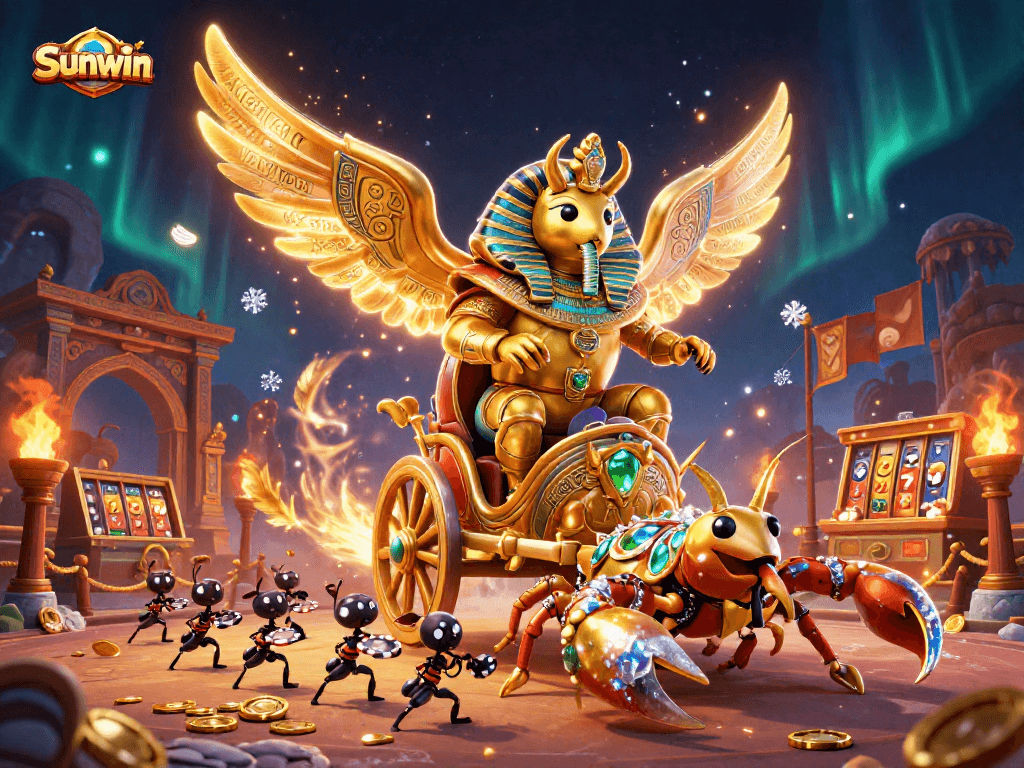Sunwin engages players with a golden scarab beetle in a lavish casino scene, showcasing dynamic gaming elements.