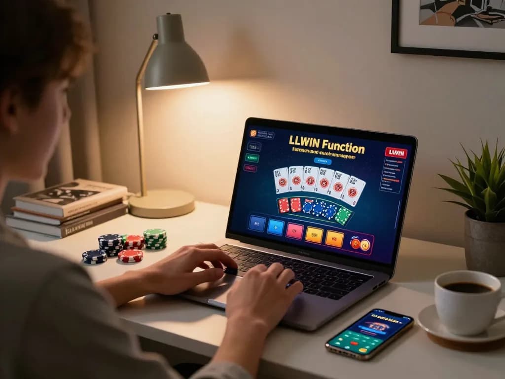 Engaging home gaming scene highlighting the effective use of the LLWIN Function for strategic online gambling decisions