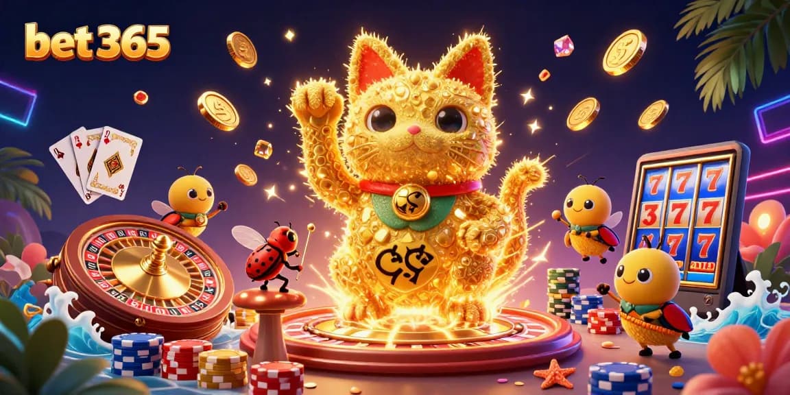 Win big with bet 365 as golden fireflies form a lucky cat amidst a vibrant casino scene.