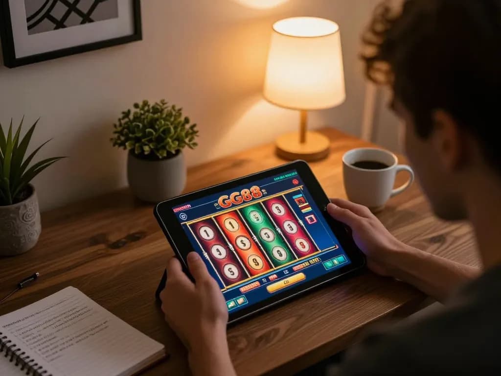 Engaged player exploring GG88 slots on a tablet in a cozy home setting with a notebook for strategy.