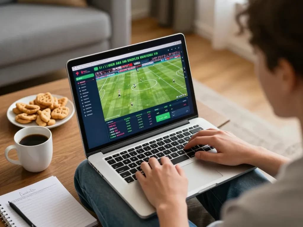 Betting on ฟุตบอล live matches at home, engaging with sports statistics and online interface.