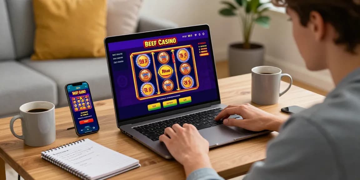 Spieler im Beef Casino nutzt Laptop und Smartphone in gemütlichem Ambiente.