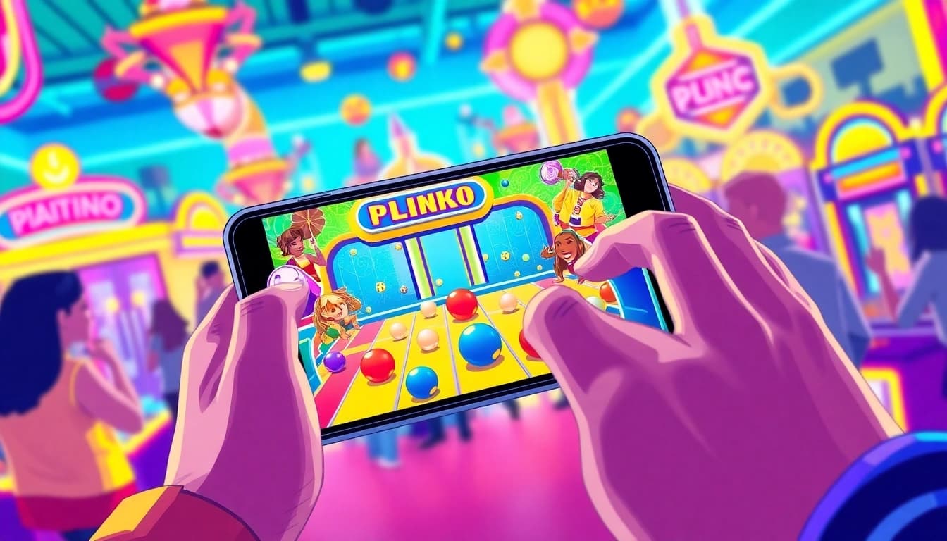 Experience the excitement of the Plinko app as mobile users interact with a vibrant gaming interface, dropping colorful balls.