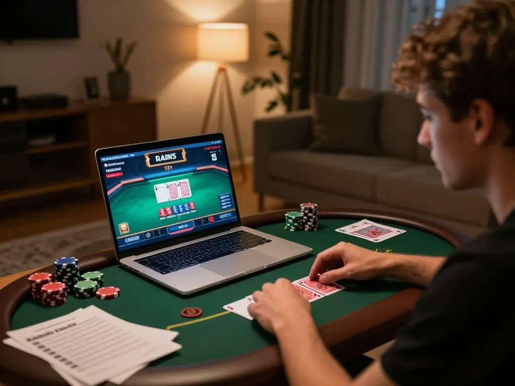 Player exploring online poker gameplay on aud77, chips and cards visible on the screen, strategic engagement