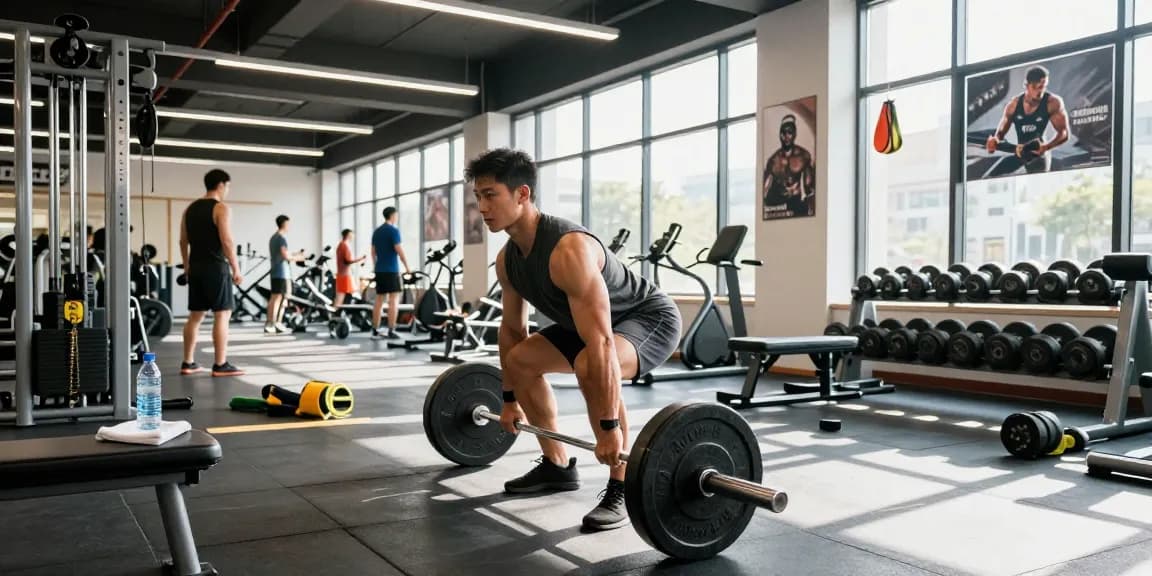 Kraftsportler hebt Gewichte in einem hellen Fitnessstudio von Steroidshop und zeigt Stärke und Fitnessumgebung.