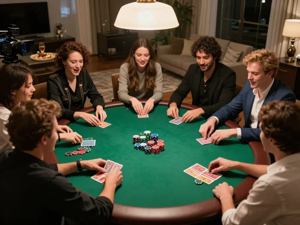 Friends enjoying a poker night at home using RR88 platform, surrounded by chips and cards.