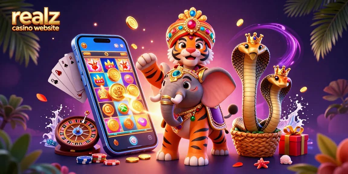 Spielen Sie aufregende Spielautomaten auf der realz casino website mit einem Tiger und einem Königselefant.