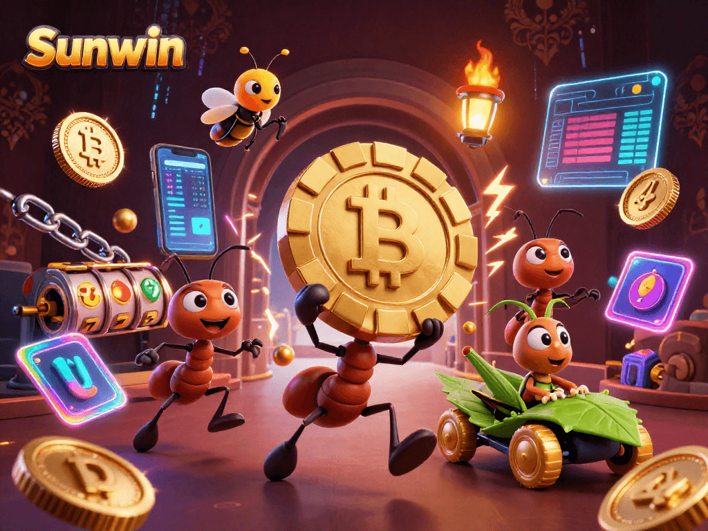 Sunwin showcases ants heisting a massive poker chip in a vibrant 3D casino adventure.