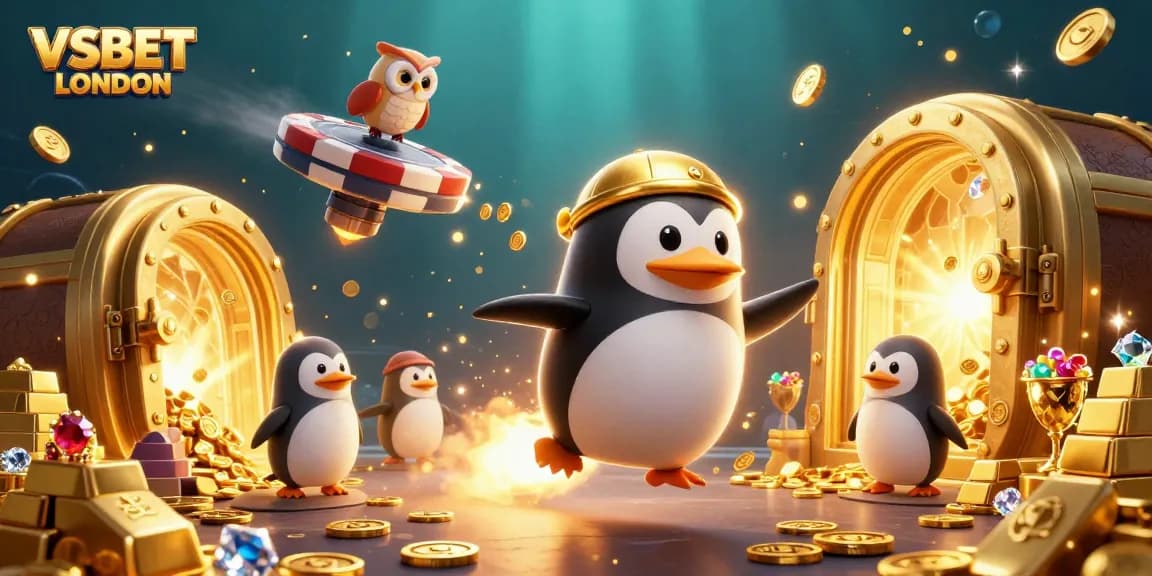 Engage with VSBET LONDON’s thrilling betting adventure featuring a golden penguin and casino treasures.