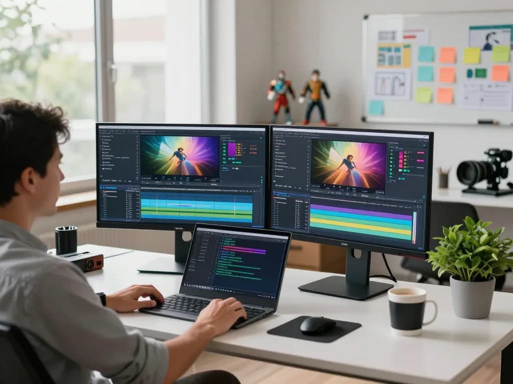 Free motion control AI video editing scene with tech professional at dual monitors, showcasing innovative video generation.