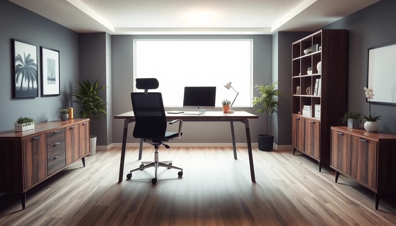 Hochwertige Büromöbel in modernem Büro-Setup mit ergonomischem Schreibtisch und Stuhl.