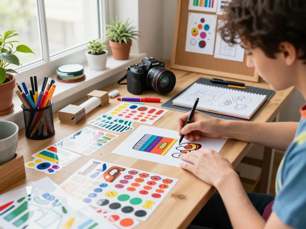 Engaging scene of an artist sticker drucken at a creative workspace, surrounded by colorful samples and design tools.