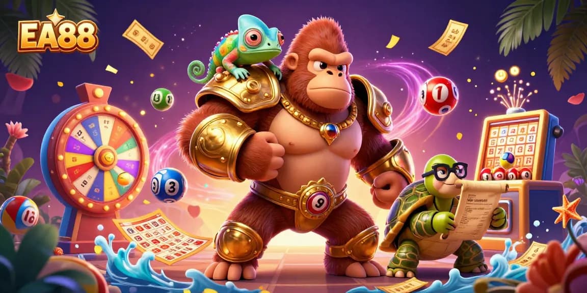 Experience EA88 excitement with vibrant lottery balls, a gorilla king, and a colorful casino atmosphere.
