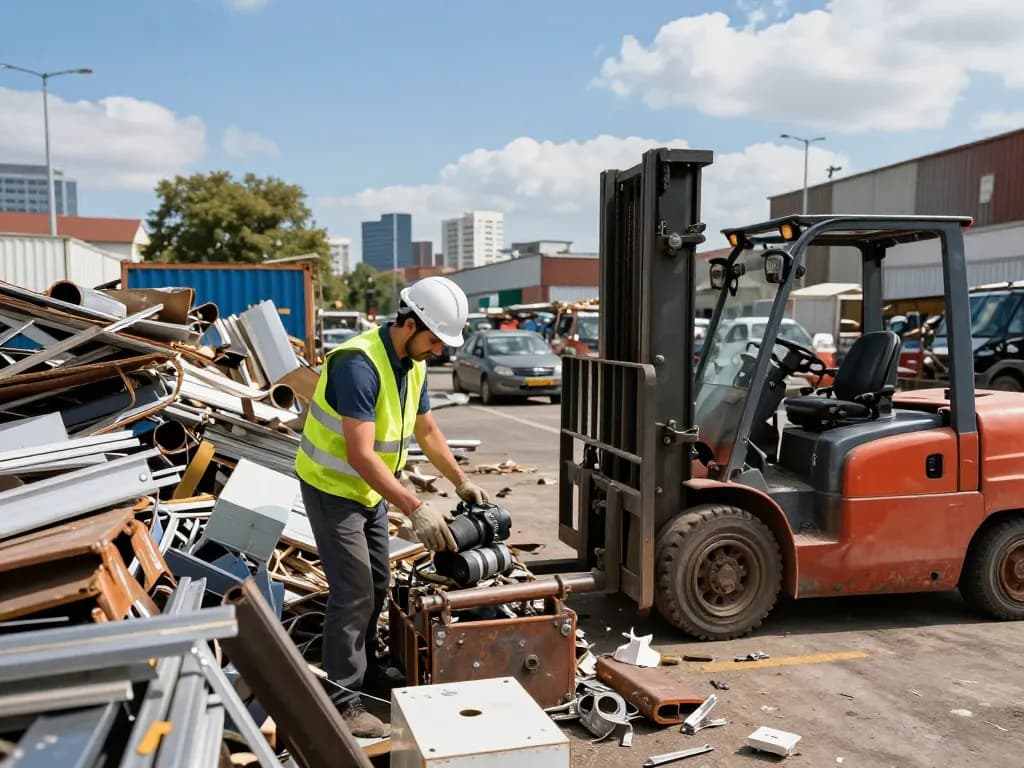 Schrotthändler sortieren Metallschrott an einem aktiven Recyclingstandort mit Stadtansicht.