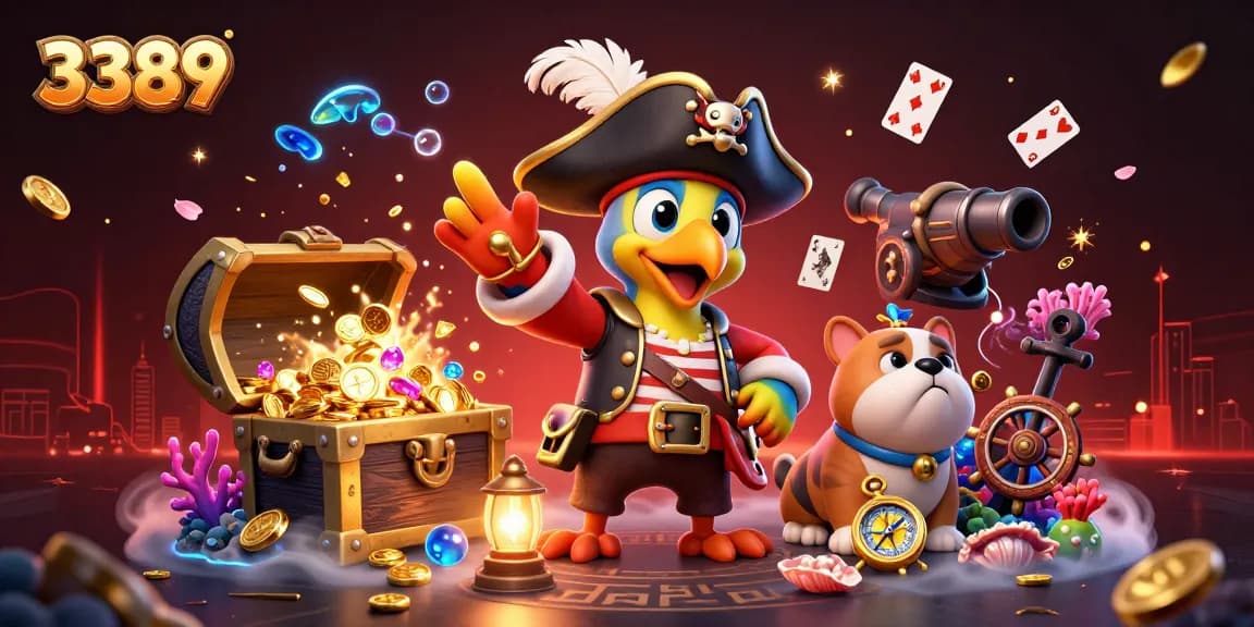 A 3389 themed vibrant casino scene featuring a pirate captain and friends amidst treasure and playing cards.