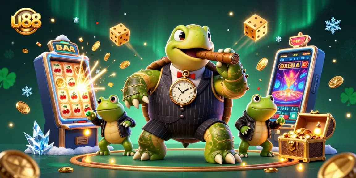 Experience thrilling games at u88 with a vibrant casino-themed digital illustration full of action.